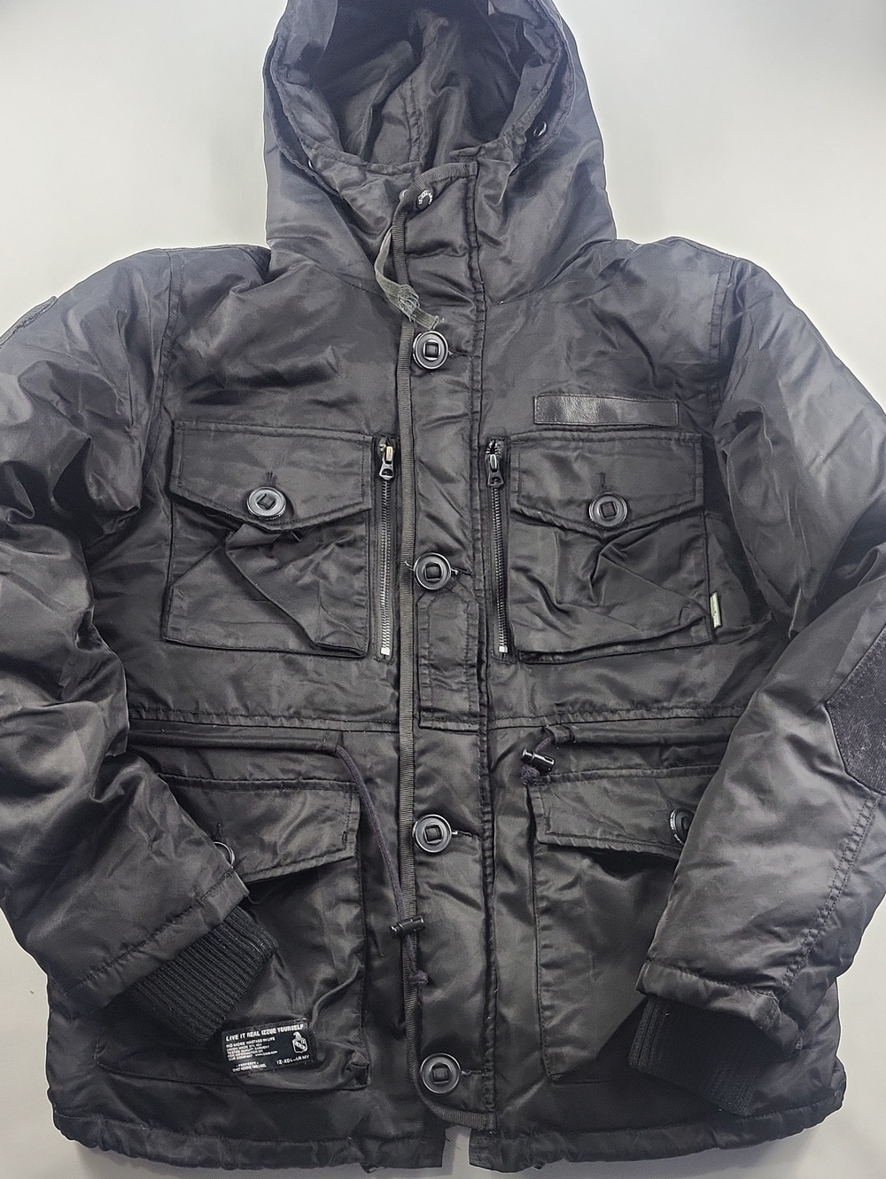 Izzue Men's Black Multi-Pocket Hooded Utility Winter Parka Jacket